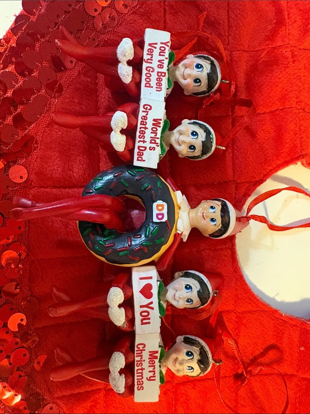 Elf on the Shelf Red Sequin Tree Skirt with ten Elf Ornaments 10 red bows!